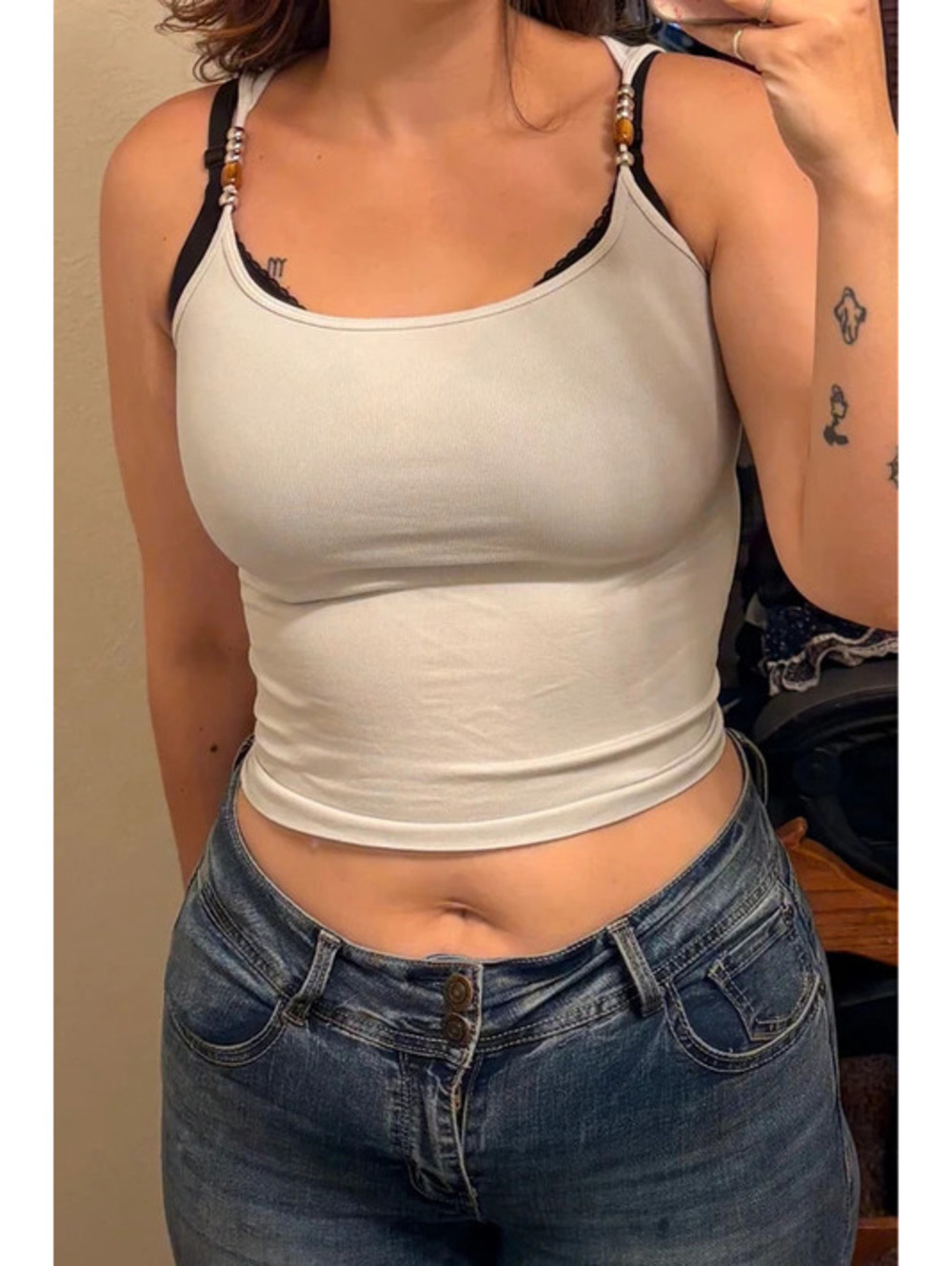 White Y2K High Low White Tank Top with Beaded Straps